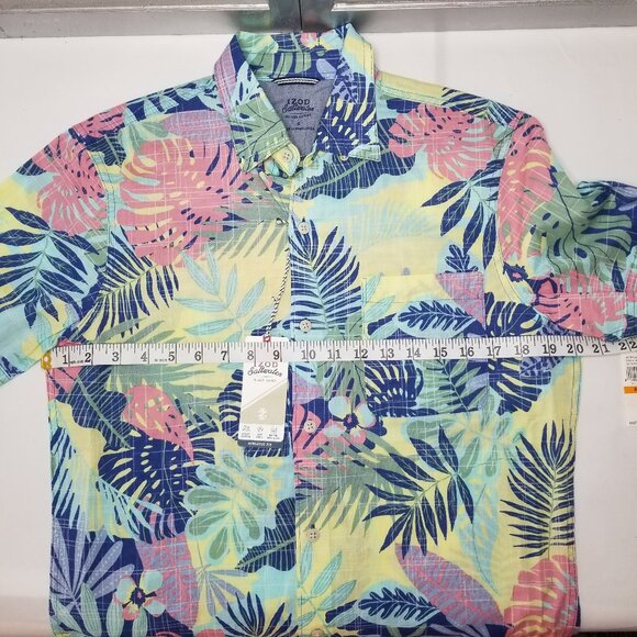 IZOD Mens S Short Sleeve Cotton Floral Hawaiian Button Up Shirt Yellow Blue Pink - Picture 9 of 12